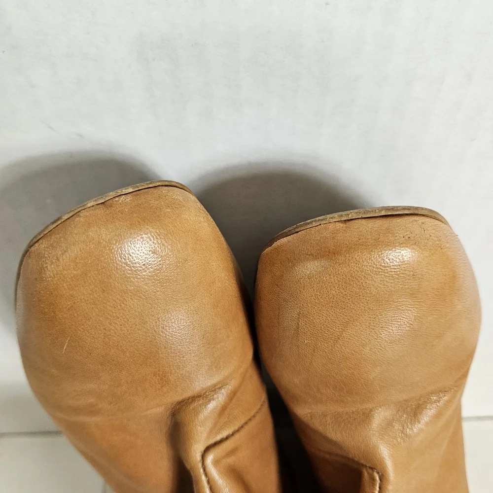 Free People Boots 39 Sienna Leather Square Toe Block Heel Cognac Brown Boho Chic